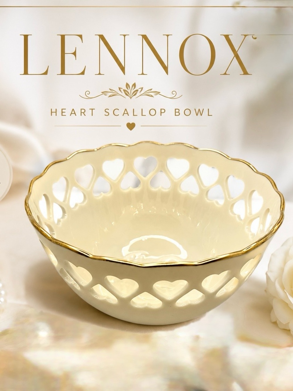 Vintage Lenox Ivory Pierced Heart Bowl with Gold Trim